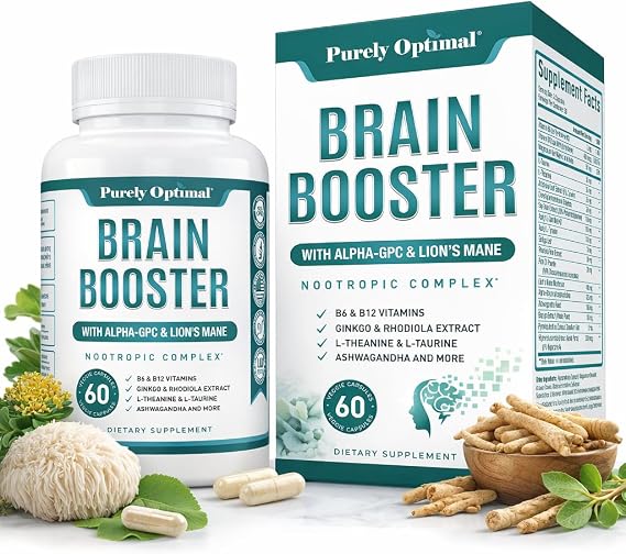 Purely Optimal Brain Booster Nootropic Supplement Brain Support for Memory, Focus, Clarity, Jitter-Free Energy for Adults, Seniors with Ginkgo Biloba, Alpha GPC, Lions Mane 60 Capsules