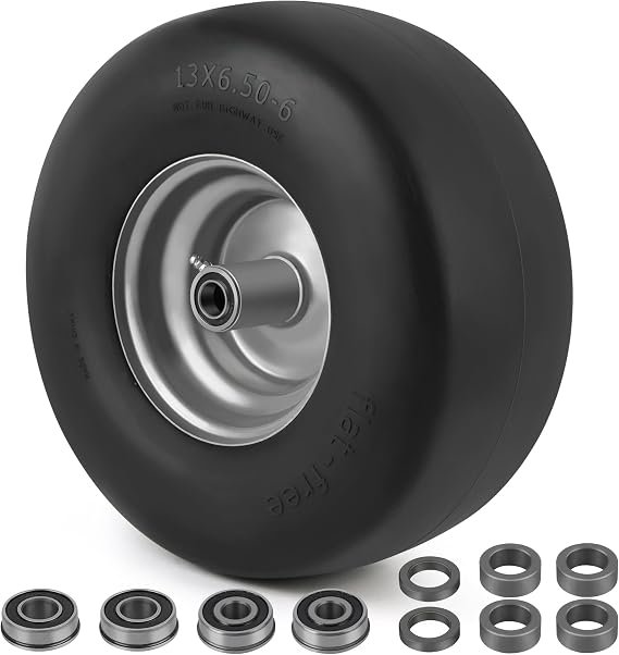 LotFancy 13x6.50-6 Flat Free Lawn Mower Tire and Wheel, 3/4" or 5/8" Bearings, 5.5" Centered Hub, Smooth Tread Tire for Zero Turn Mowers