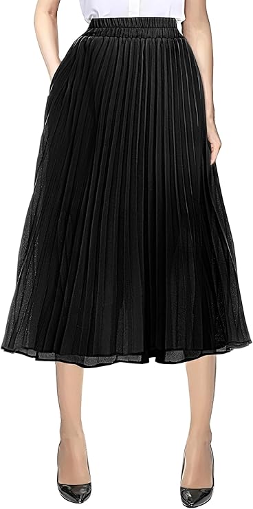 Urban CoCo Women's A Line Elastic Wasit Chiffon Midi Skirt Flare Pleated Skirts with Pockets