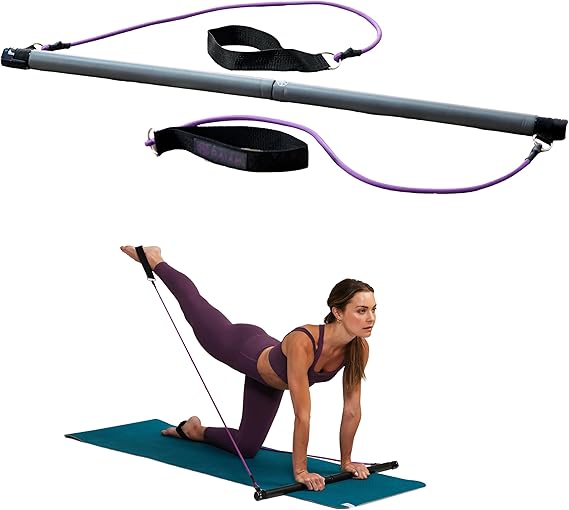 Gaiam Restore Pilates Bar Reformer Kit - Home Fitness Equipment for Total Body Workout - Includes Bar, Two 30-Inch Resistance Band Cords with Attached Foot Strap Loops - Exercise Guide Included | Pilates Bar with Resistance Cords | Home Reformer-Style Workouts | Core, Arms & Full-Body Training | Adjustable