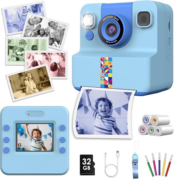 Kids Color Instant Print Camera,Kids Camera with 5 Color Photo Paper.Christmas Birthday Gifts for Girls Age 3-12(Blue)