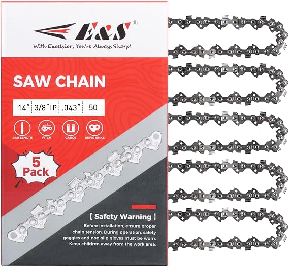 5 Pack 14 Inch Chainsaw Chain 3/8" LP Pitch .043" Gauge 50 Drive Links | Semi-Chisel Chain Saw Chains for Oregon, Stihl, Husqvarna, Poulan, Craftsman, Greenworks and More Chainsaw Brands