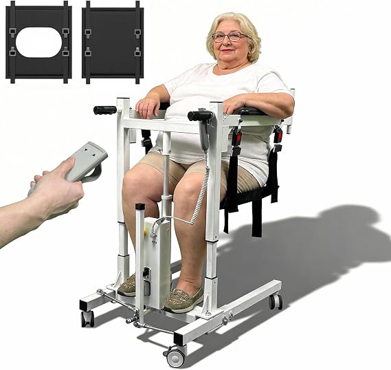Patient Lift Transfer Chair with Electric Assist, 3446 Lift Range, 300 lb Capacity, Reinforced Alloy Frame, Dual Seat Cushions for Home Care