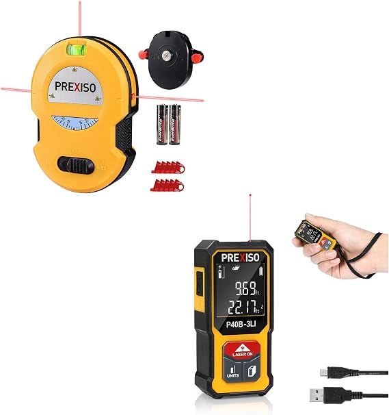 PREXISO Multi Surface Laser Level LED Light Vial, 30Ft Horizontal and Vertical Line Laser & PREXISO 135Ft Rechargeable Mini Laser Measurement Tool