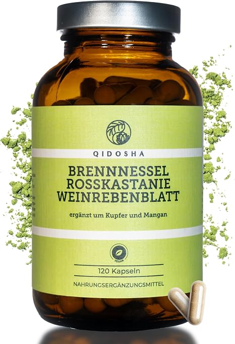 QIDOSHA Nettle Horse Chestnut Vine Leaf Complex Capsules Plus Copper & Manganese 120 Capsules in Pharmacist Glass German Production Each Batch Laboratory Tested