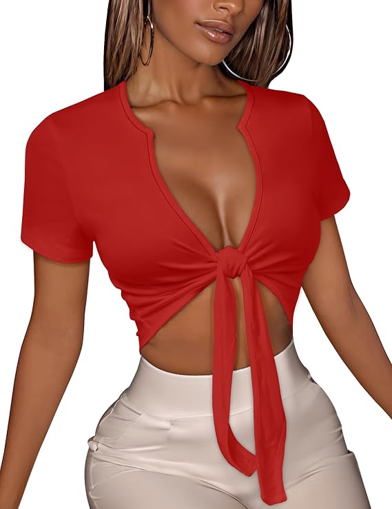 Women's Tie Front Crop Top V Neck Short Sleeve Summer Basic Slim Fit Tees