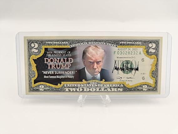 Generic Trump Never Surrender 2 Dollar Bill Colorized Mugshot $2 Money Bills as Uncirculated Commemorative Trump Coin