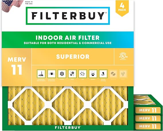 Filterbuy 15.5x15.5x1 Air Filter MERV 11 Pet & Allergy Defense (4-Pack) | Electrostatic Pleated HVAC AC Furnace Filters Replacement, Made in USA (Actual Size: 15.50 x 15.50 x 0.75)