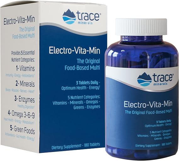 Trace Minerals | Electro-Vita-Min the Original Food-Based Multi | Vitamins, Minerals, Omega 3-6-9, Green Foods, Enzymes | 180 Tablets 3 tabs per serving