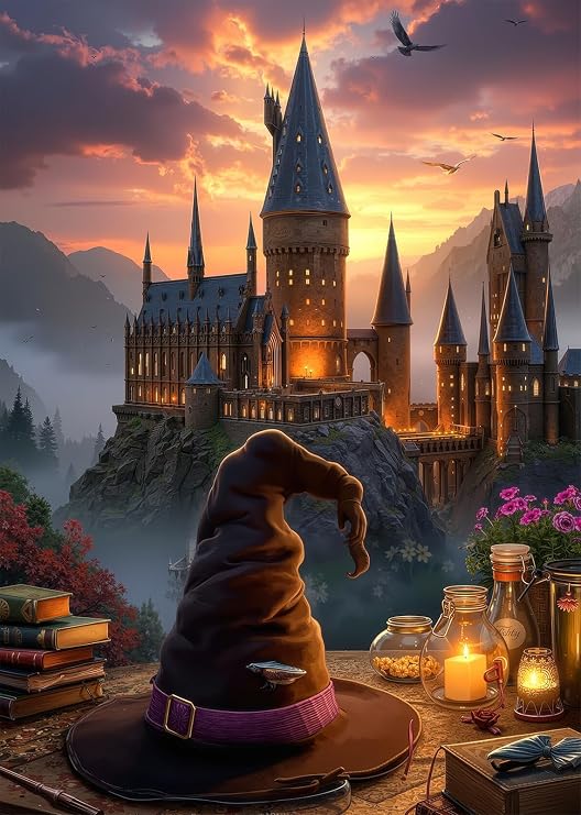 1000 PCS Jigsaw Puzzle for Adults - Magical Wizard Castle Puzzle, Hogwarts-Inspired Sunset School with Sorting Hat & Wizardry Supplies, Fantasy Magic Art Puzzle (Castle)