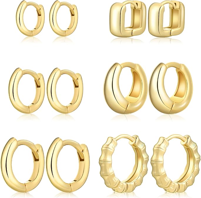 Wgoud Small Gold Hoop Earrings Set for Women, 6 Pairs 14K Gold Plated Hypoallergenic Lightweight Huggie Hoops Earrings, Trendy Cartilage Cubic Zirconia Earrings for Women Gifts.