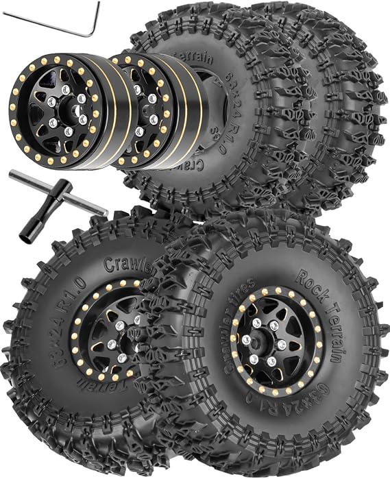 RC 1.0in Beadlock RC Tires RC Wheel for 1/18 1/24 Trx4m SCX24 Axia 1 RC Crawler,Full Brass RC Wheel Hub Rim RC Truck Tires 4pcs