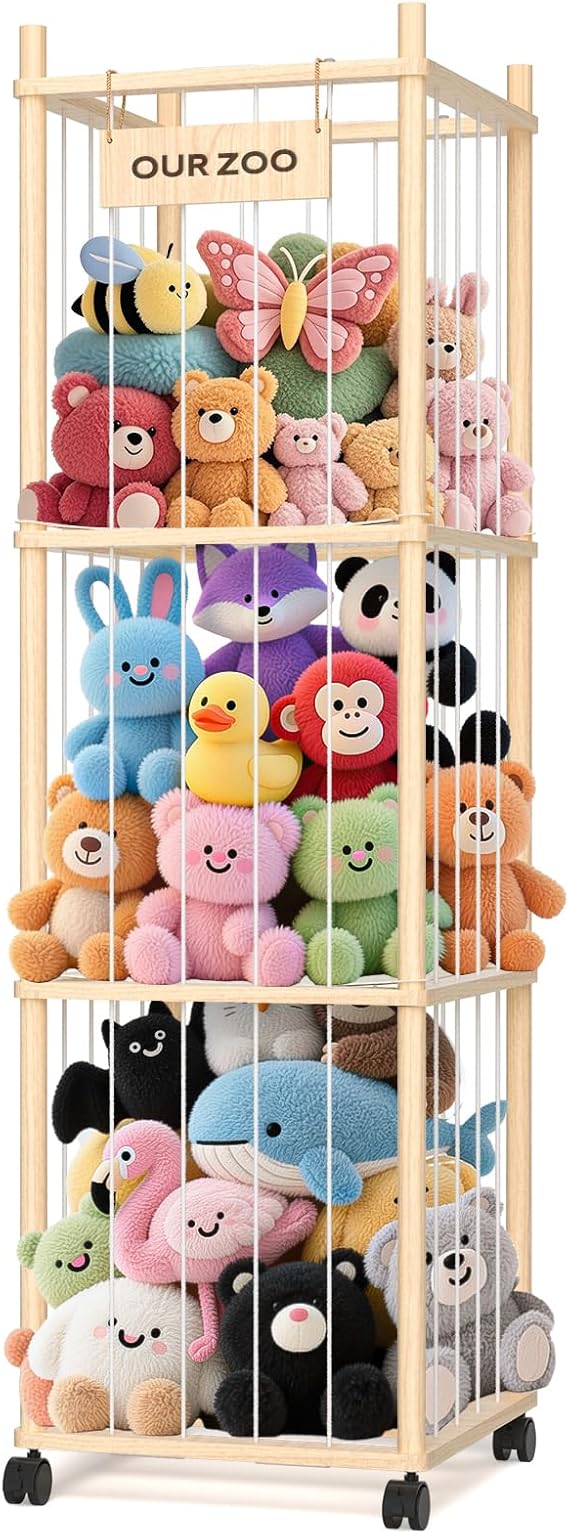 Soft Toy Storage: Wooden Cuddly Toy Storage with Mesh Net and Brake Wheels | Space-Saving Stuffed Animal Storage, Plush Toy Organizer for Kids' Rooms, Playrooms, Nurseries and Bedrooms