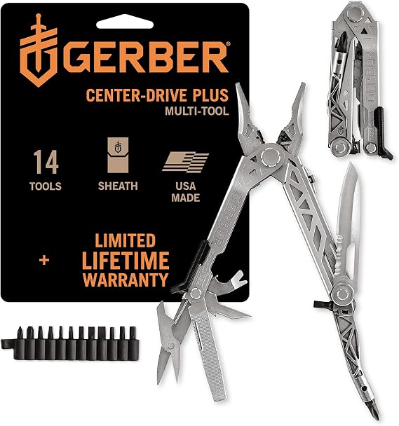 Gerber Gear Center-Drive Plus - 16-Piece Multi-Purpose Tool with Sheath & Bit Set - Includes Pry Bar, Knife, Needlenose Pliers, Nail Puller & More - Made in USA
