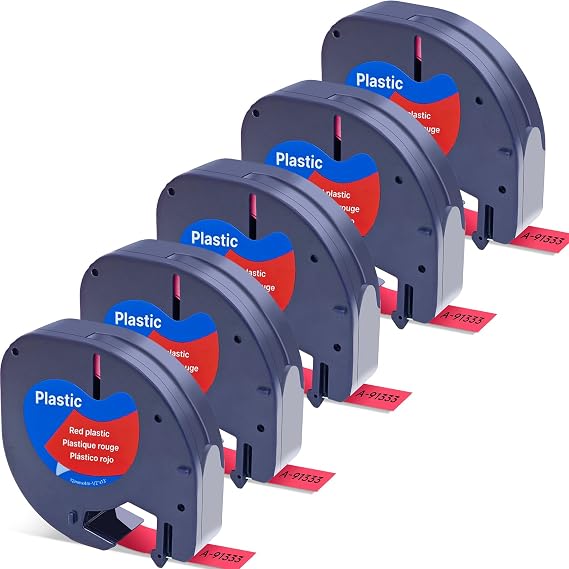 91203 91333 Compatible with Dymo LetraTag Refills Labels Plastic Labeling Tape for DYMO LabelMaker LT100H LT100T Plus,Black on Red,1/2 Inch X13Feet(12mmx4m),5Pack