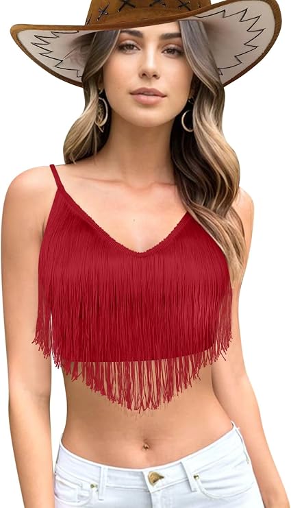 Womens Fringe Western Cowgirl Crop Top - Country Concert Outfit Tassel Hem Tank Nashville Festival Rodeo Shirt