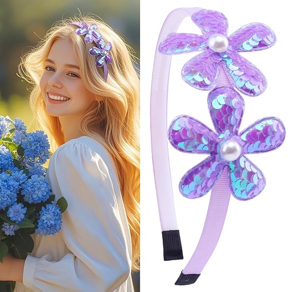 Purple Flower Headband,Spring Flower Hairband for Women,Purple Glitter Floral Hair Hoop,Summer Cute Headpiece Girl Hair Accessories for Birthday,Spring Tour (01, Large)