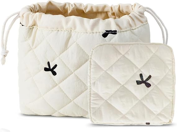 HAPPYHEIDI Quilted Cotton Makeup Bag Set 2 Travel Pouch, Black Bow