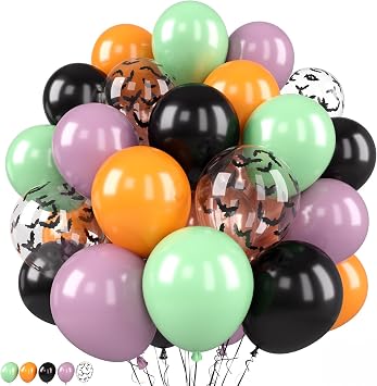 50 Pcs Halloween Balloons, 12 Inches Black and Orange Purple Balloons, Bat Confetti Balloons Retro Taro Purple Light Green Latex Balloon for Kids Adults Halloween Birthday Party Decorations