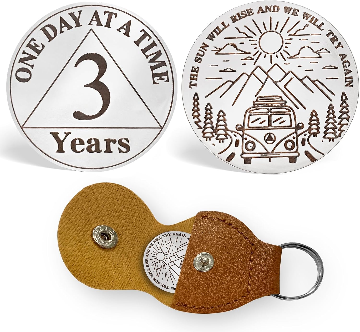 CHURYUML 3 Year Sobriety Coin One Day at A Time Sobriety Chip Three Year Sober Coins AA Recovery Medallions Sobriety Gifts for Men Women Alcoholics Anonymous Gift with PU Leather Keychain