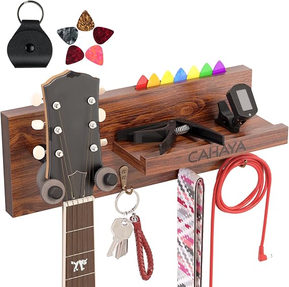 CAHAYA Guitar Wall Mount Hanger with Shelf and Pick Holder Display - 3 Guitar Accessories Storage Hooks for Acoustic, Electric, Bass, Violin, Banjo, Mandolin, Ukulele - CY0299