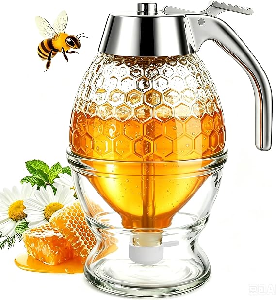 Timtopno Honey Dispenser No Drip, Glass Honey Container with Stand