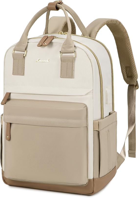 LOVEVOOK Women's Backpack 15.6 Inch Laptop School Backpack Travel Backpack Waterproof Work Bag Backpack Women Large School Bag Teenager Girls Elegant for School University Travel Work Office Beige