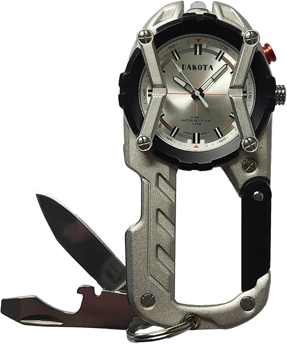 Multitool Clip Watch for Men Silver | 100ft Water Resistant Clip-On Watch with LED Light, Bottle Opener, Screwdriver & Carabiner Stainless Steel Outdoor Work & Camping Tool
