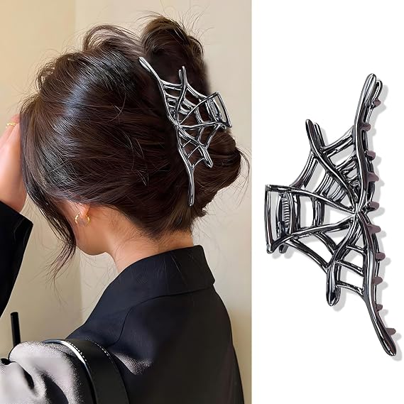 Black Spider Web Hair Clips for Women Girls, 1Pcs Gothic Alloy Cobweb Hair Claw for Daily Halloween Hair Accessories, Punk And Y2K Style for Updos Braids