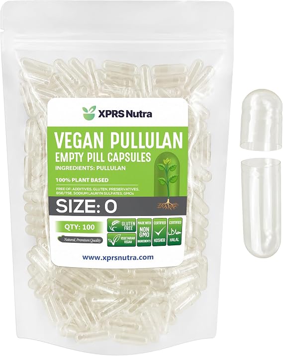 XPRS Nutra Size 0 Pullulan Empty Capsules - 100 Count Clean Label Plant Clear Empty Vegan Capsules - Premium Vegetarian Pills - Do-It-Yourself Vegetable Caps Filling