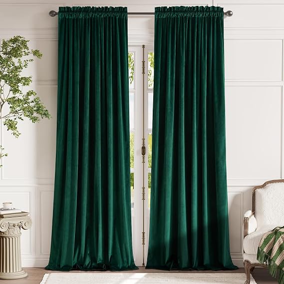 jinchan Emerald Green Velvet Curtain for Living Room Darkening Bedroom Curtains 96 Inch Long Thermal Insulated Blackout Curtain Single Panel, Soft Luxury Vintage Window Covering Rod Pocket 1 Panel