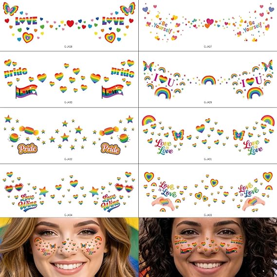 8 Sheets Rainbow Face Temporary Tattoos,Rainbow Flag Tattoo Stickers for Equality Parades and Celebrations,Gay Pride Tattoos For Women Men Adult Face Stickers Body Art Decor Q1135