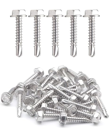 25pcs #10 x 1 Stainless Hex Washer Head Self Drilling Screws, 410 Stainless Steel Full Thread Sheet Metal Tek Screws
