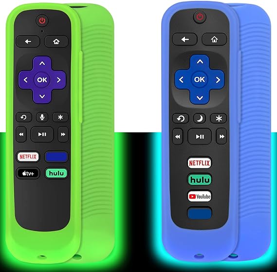 [2 Pack] Remote Cover (Glow in the Dark) Compatible with Roku TV Remote/Roku Express/Streaming Stick/Premiere, Universal Silicone Case for Roku Voice Remote with Lanyard (Green and Blue)
