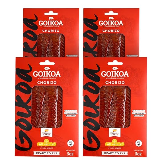 Goikoa Chorizo | Mild | Pre Sliced Deli Cut | All Natural | Dry-Cured | Authentic Navarre Spain | Perfect For Charcuterie and Sandwich | 3 oz (85.05 gr) (Pack of 4, 12, Ounce)
