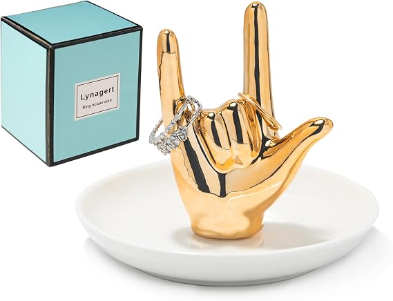 Lynagert I LOVE YOU Hand Ring Holder Ring Dish Ceramic Jewelry Holder Dish Trinket tray for Rings Earrings Necklace Organizer, Engagement Wedding Ring Holder, Christmas Birthday Gifts