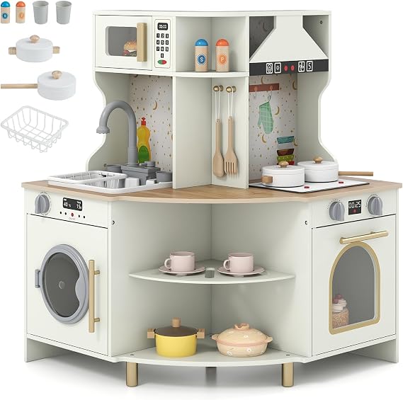 COSTWAY Kids Wooden Kitchen, Corner Pretend Play Kitchen with Realist Sound & Light, Working Faucet, Sink, Microwave, Dishwasher and Utensils, Children Cooking Chef Role Playset for Boys Girls Ages 3+