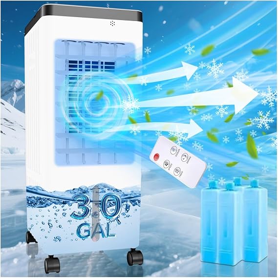 Swamp Cooler, Portable Air Conditioners with Large Water Tank, 4 Ice Packs, 24H Cooling Time, 3 Speeds, 7H Timer, 3-in-1 Portable Evaporative Air Cooler for Room Office Bedroom (white black)