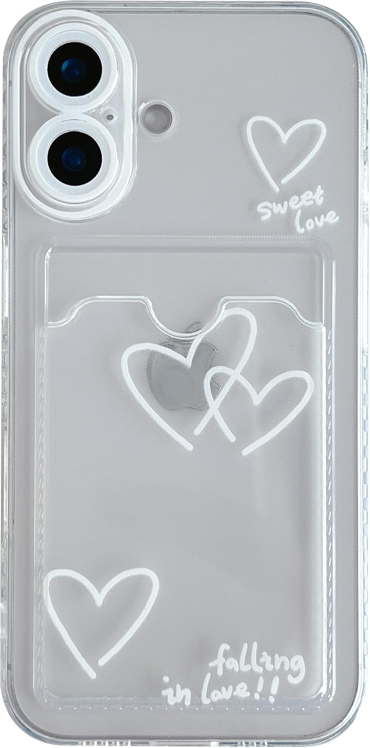 Designed for iPhone Case, Cute Love Heart Card Holder Clear Soft Phone Case (White,iPhone 15 Pro Max)