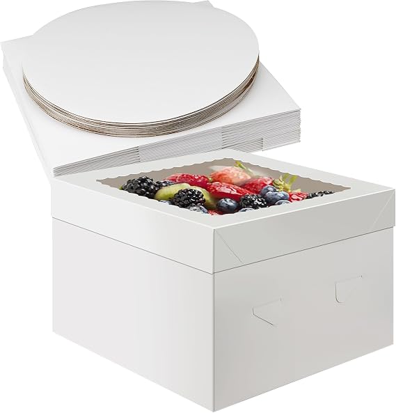 Unokit Cake Boxes 12 Inch - 20 Pack Cake Containers with Cake Boards, Disposable Cake Carrier with Window, Easy Assemble Cake Packaging Boxes for Birthday, Wedding Party & Bakery Take Out, White
