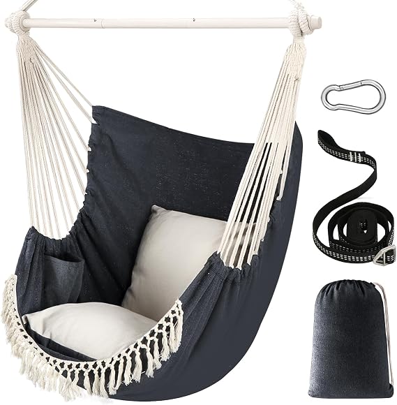 Chihee Hammock Chair Hanging Swing Max 500 Lbs 2 Cushions Included Metal Spreader Bar with Anti-Slip Grooves Portable Hanging Chair Side Pocket Large Macrame Bohemian Chair Indoor Outdoor