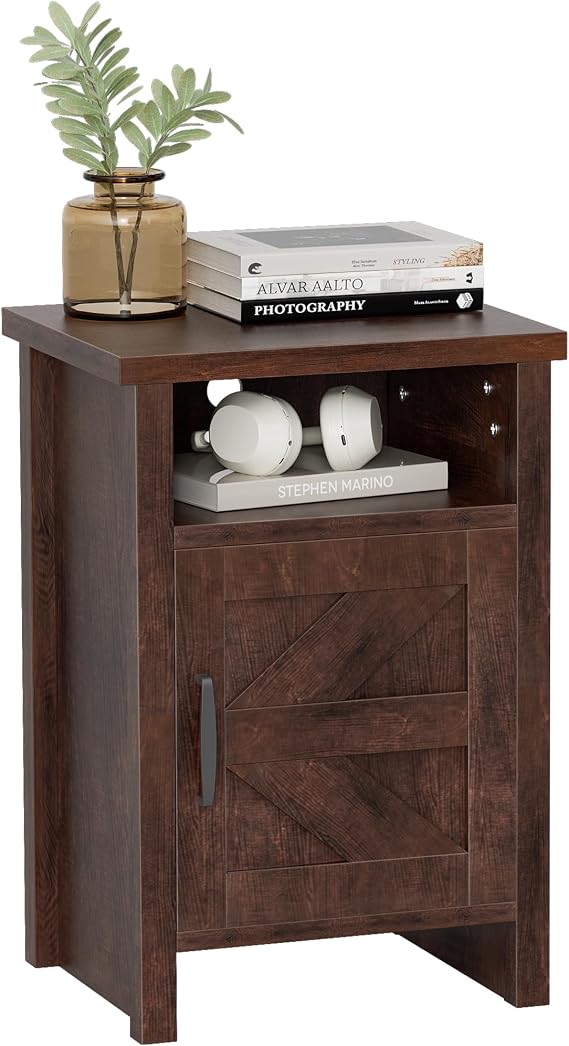 YESHOMY Farmhouse Nightstand with Shelf & Barn Door for Bedroom,Espresso
