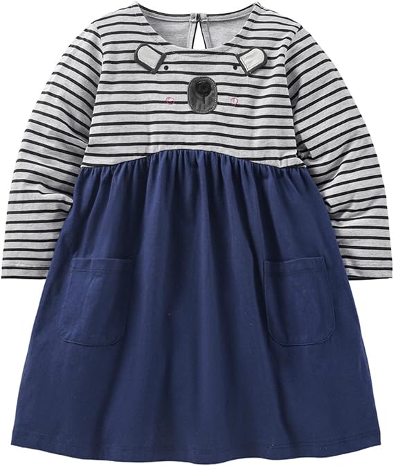 KISSOURBABY Toddler Girl Dress Long Sleeve Autumn Winter Cotton for Kids (Grey Stripe-5T)