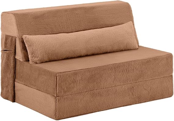 Folding Sofa Bed with Pillow, 4-in-1 Floor Couch Sleeper Chair, Fold Out Guest Mattress Chair Bed with Side Pocket, Boneless Couch for Living Room, Dorm, Home Office, 97X200X15.5CM, Brown