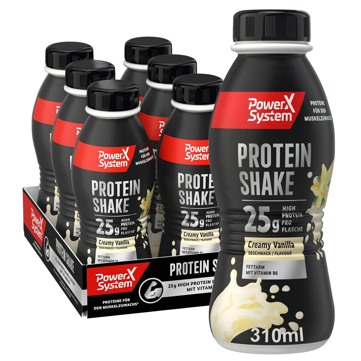 Power System Protein Shake Creamy Vanilla 6 x 310 ml High Protein Drink Ready Low Fat 25 g Protein Vitamin B6 Includes 1.50 € Deposit