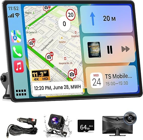 Wireless Carplay Screen for Car, 11.3" Portable A-pple CarPlay & Android Auto Screen with 4K Dashcam & 1080P Backup Camera, Car Stereo with Mirror Link, Voice Control, GPS, Bluetooth, AUX, FM