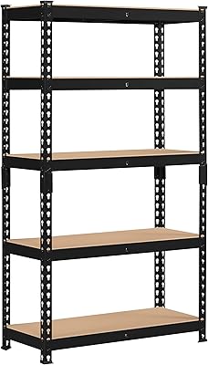 Topeakmart 5-Tier Utility Shelves, Metal Storage Shelves, Adjustable Shelving Units, Boltless Assembly, Garage Shelves Shed Shelving for Warehouse Garage Shed Basement- Black, 27.5 x 12x 60 Inch