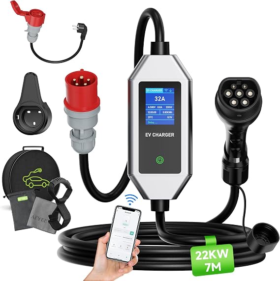 EV charger 22kw Type 2 6-32A Adjustable Current Delayed Charging 7m Cable with Holder App Control CEE 3-Phase Plug IEC19621-2 Bag