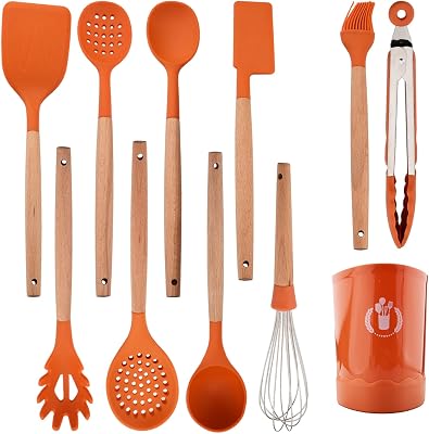 JASHII Orange Silicone Kitchen Utensils Set Orange Rubber Spatulas with Wooden Handle, Silicone Cooking Utensils with Holder, Heat Resistant for Nonstick Cookware