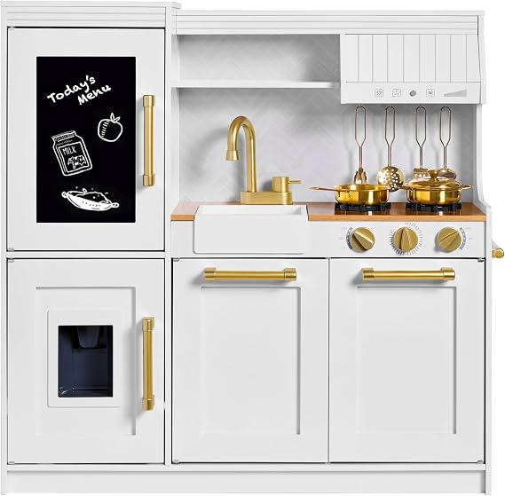 Best Choice Products Pretend Play Kitchen Wooden Toy Set for Kids w/Realistic Design, Telephone, Utensils, Oven, Microwave, Sink - Ivory
